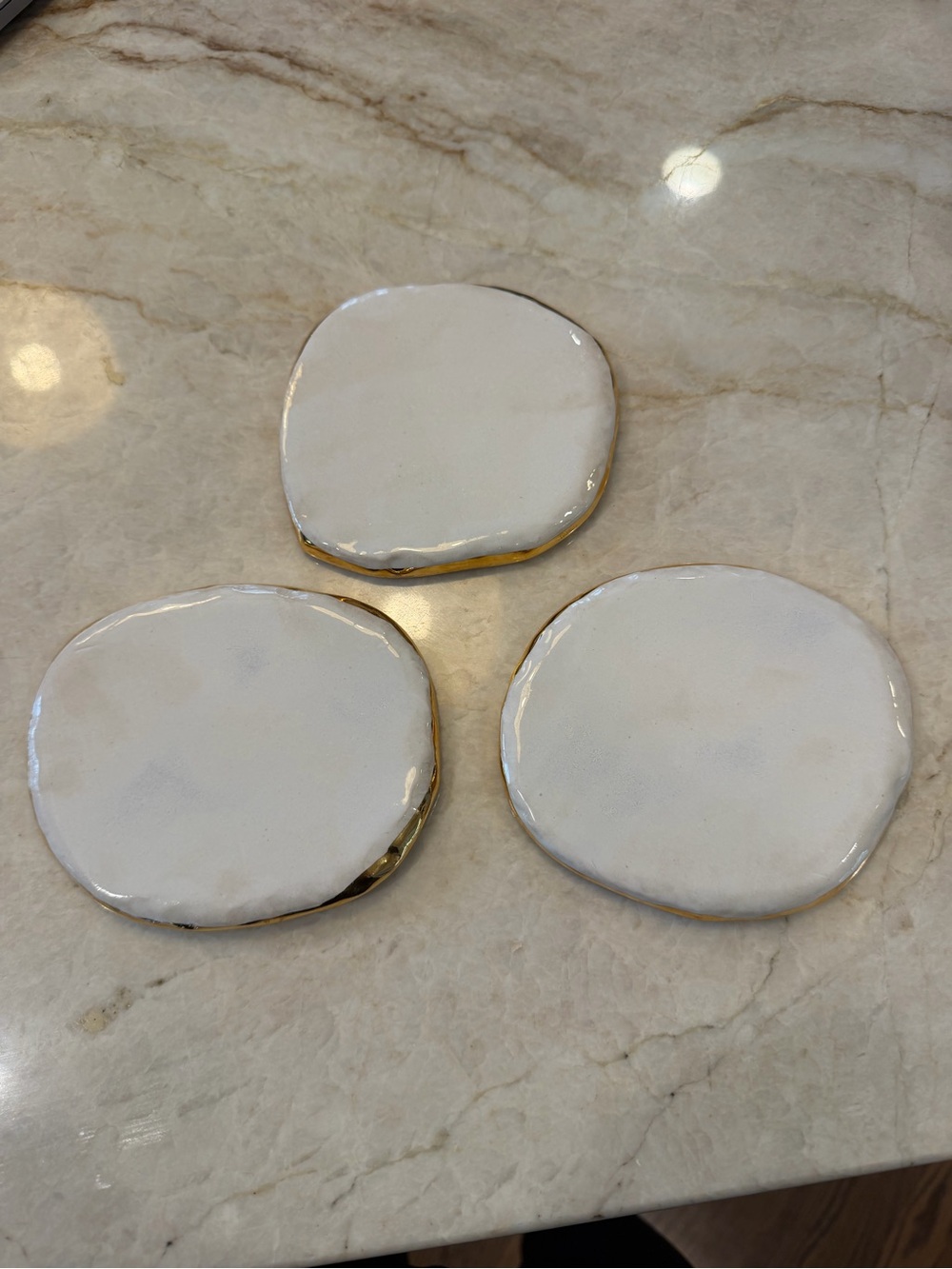 White Ceramic Coasters with Gold Trim - Set of 3